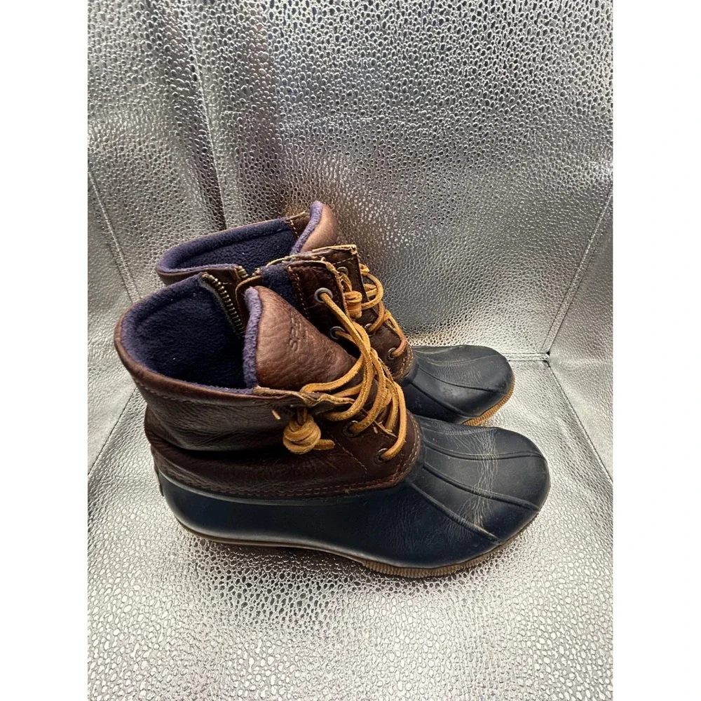Sperry Saltwater Duck Boots Womens 7 Brown Navy Leather‎ Waterproof STS91175